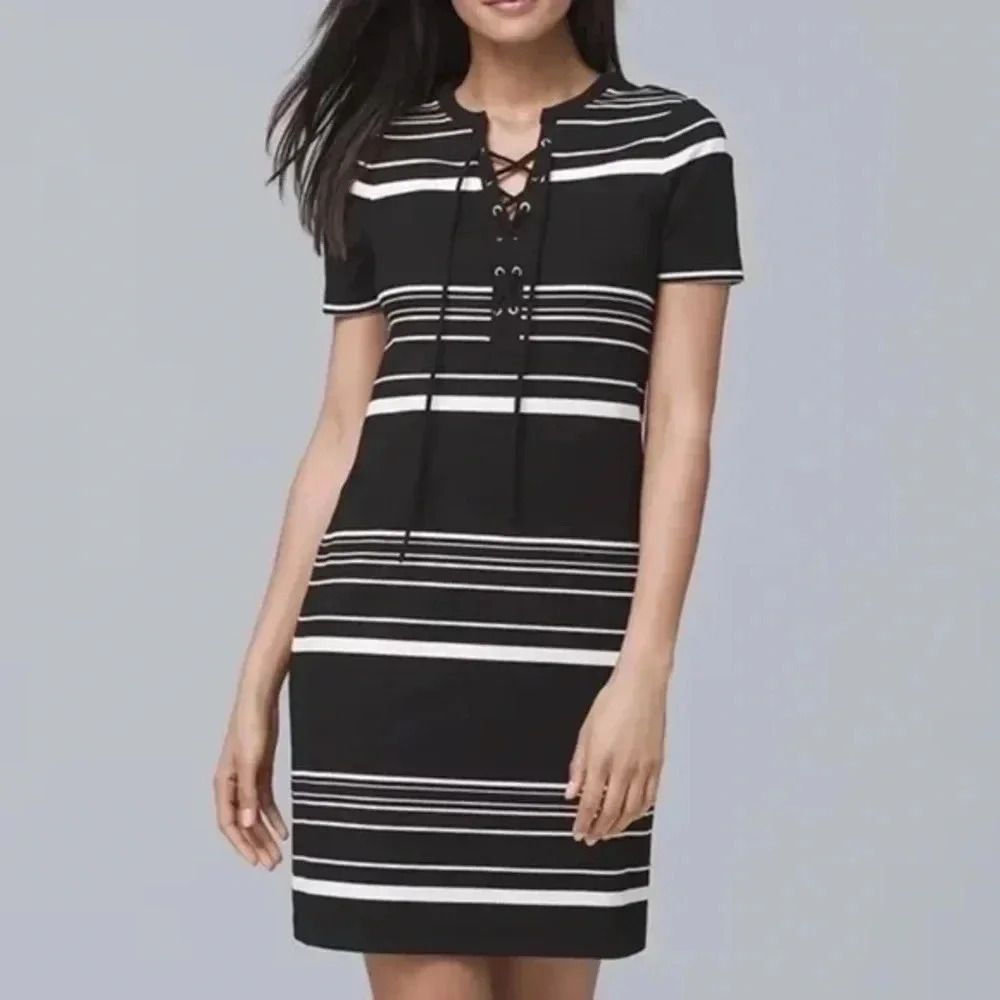 White House Black Market Short Sleeve Stripe Lace Up Shift Dress Size Small WHBM